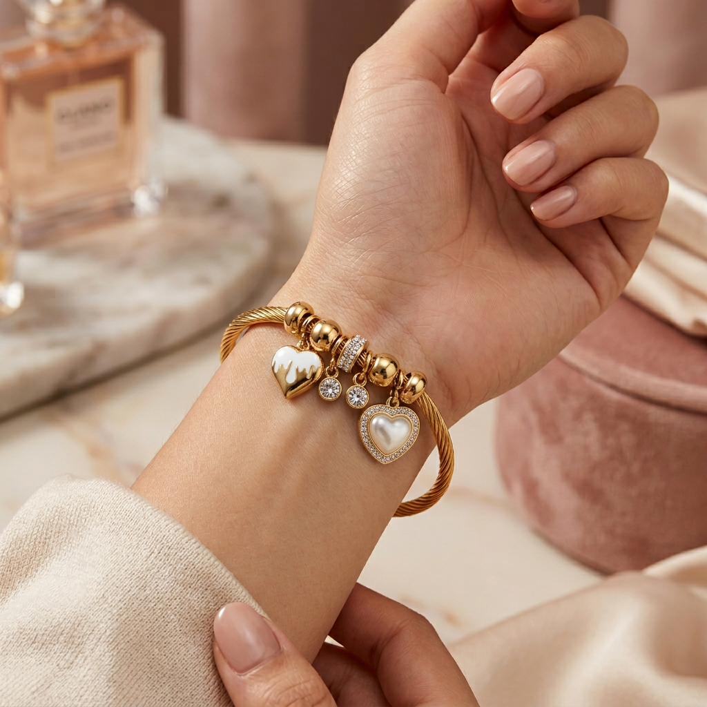 Golden Heart Charm Bangle Bracelet