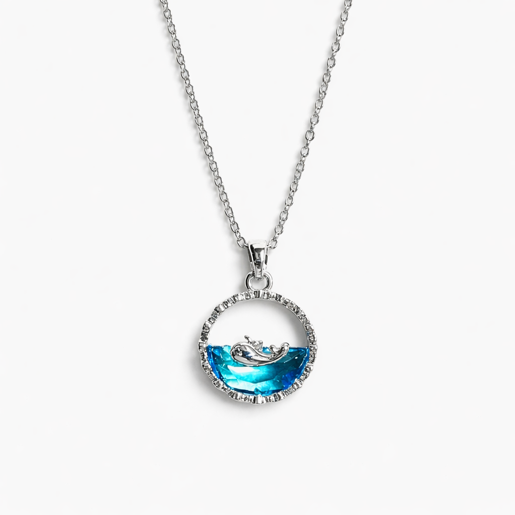 Ocean Wave Crystal Circle Pendant Necklace