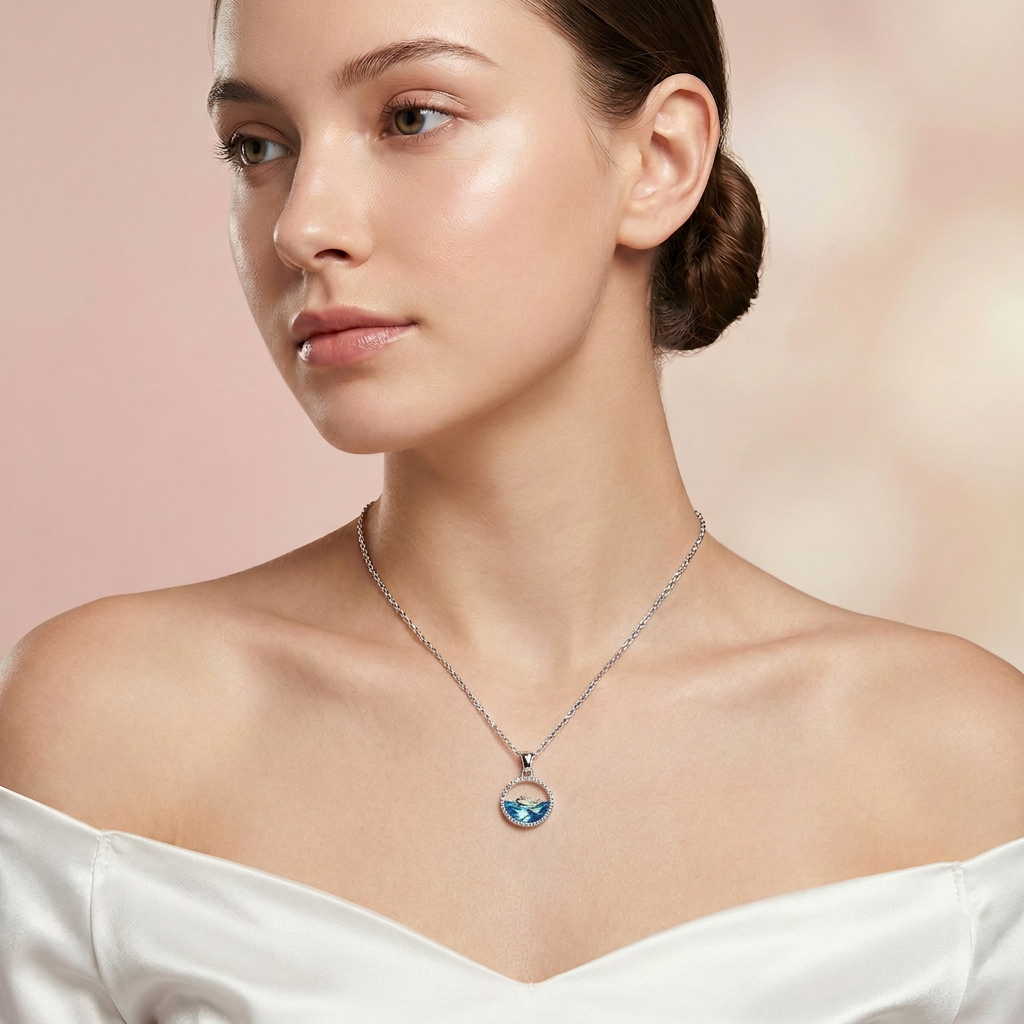 Ocean Wave Crystal Circle Pendant Necklace